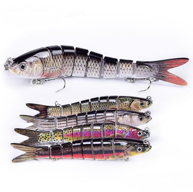 Three 8-segment jointed lures in different patterns