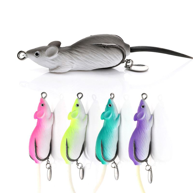 A grey mouse lure above four brightly coloured mouse lures
