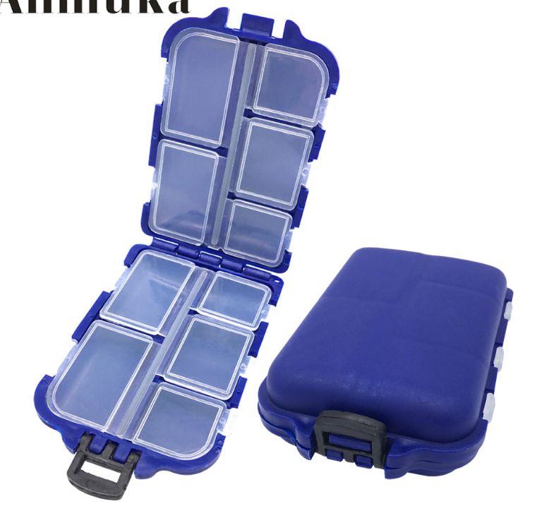 A blue pocket tackle box open to show its compartments, next to the closed box